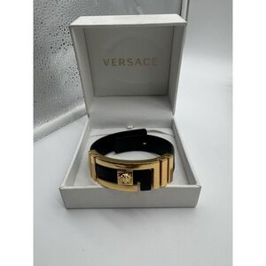 Versace Medusa Leather Bracelet Black Gold Tone Made In Italy With Box